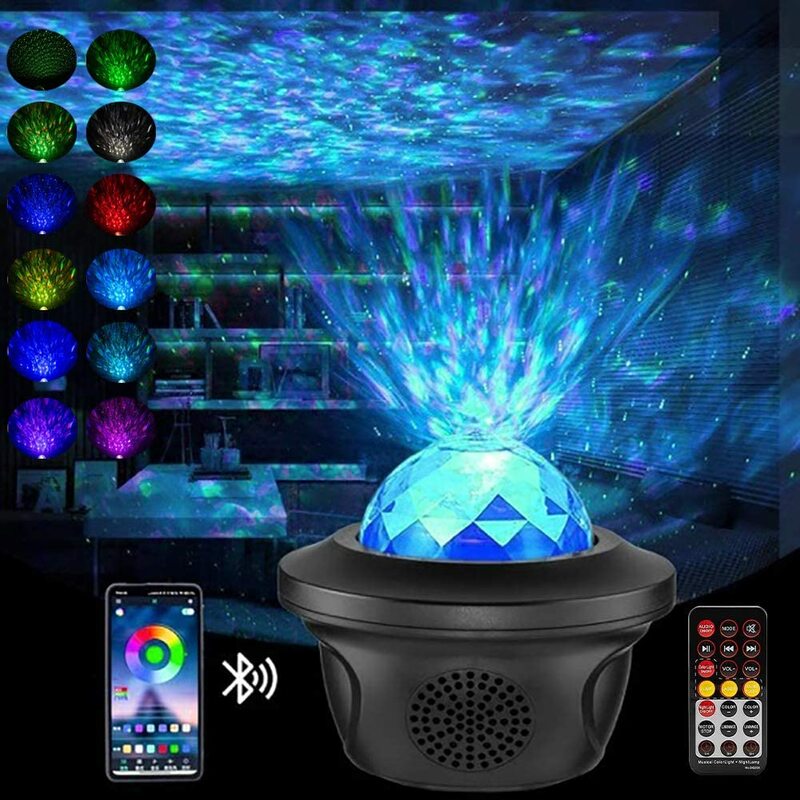 Projektor LED Galaxy Star lampka nocna projektor fal oceanicznych z pilotem i głośnikiem muzycznym Bluetooth do dekoracji pokoju prezenty