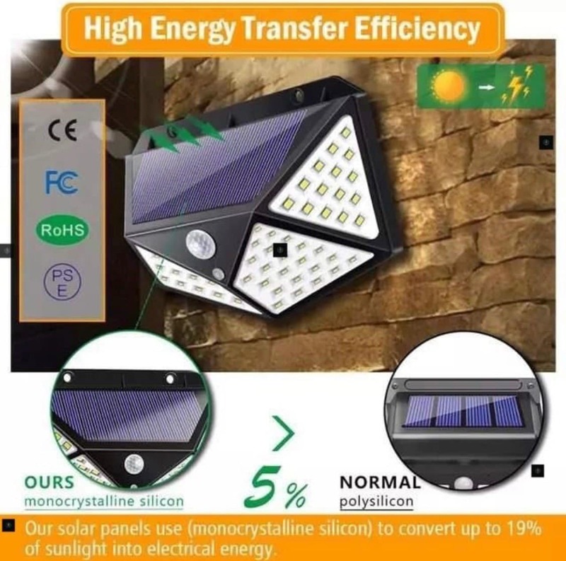 Farola con batería solar, 100 diodos (batería con aumento de potencia 1800 am/h)
