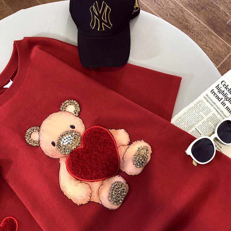 반팔 티셔츠 여성용, 새로운 여름 패션 샌딩 중공업 구슬 자수 곰 외국 스타일 레드
