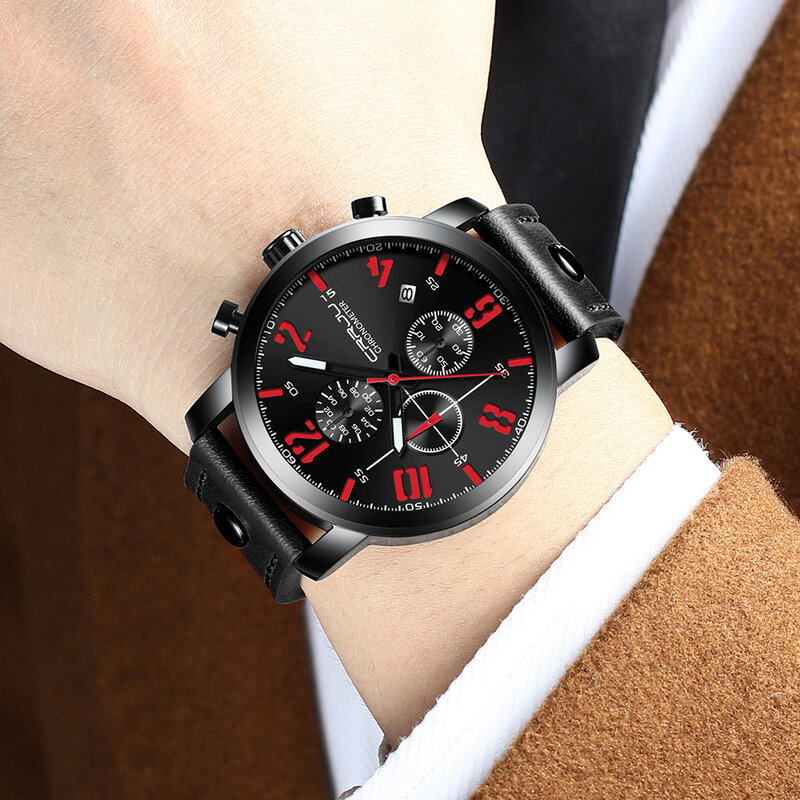 CRRJU ساعات رجالي وصفت الفاخرة حزام جلد عادية الرياضة كوارتز ساعة اليد كرونوغراف ساعة الذكور التصميم الإبداعي الهاتفي