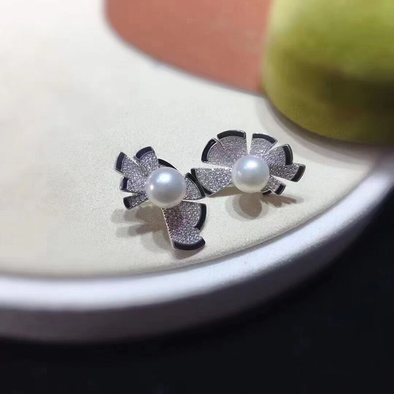 MeiBaPJ-pendientes de perlas semiredondas naturales para mujer, joyería fina de moda para boda, soporte vacío DIY, precio al por mayor, 8-10mm
