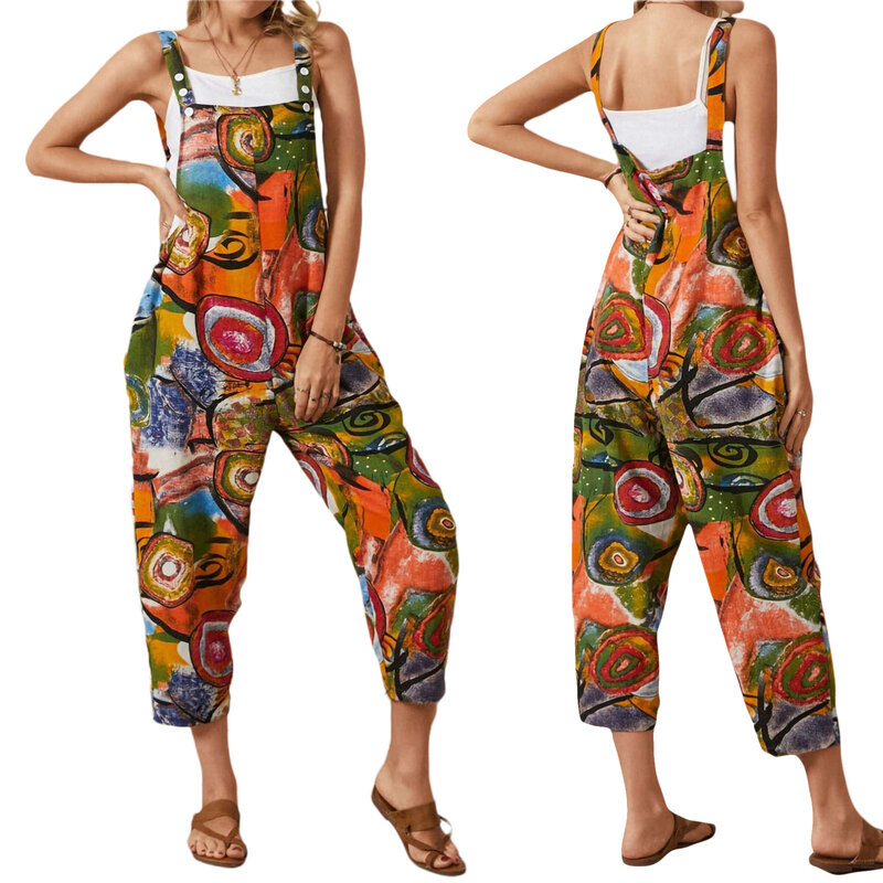 Woemn-mono informal de verano, pantalones bohemios Retro con estampado Floral, sin mangas, con tirantes y bolsillos, talla grande, 2022