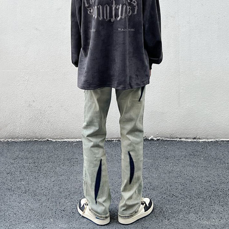 Pantalon en jean déchiré de Style américain pour hommes, tenue de rue, avec Design de contraste de couleur, jean droit ample, tendance Hip-hop