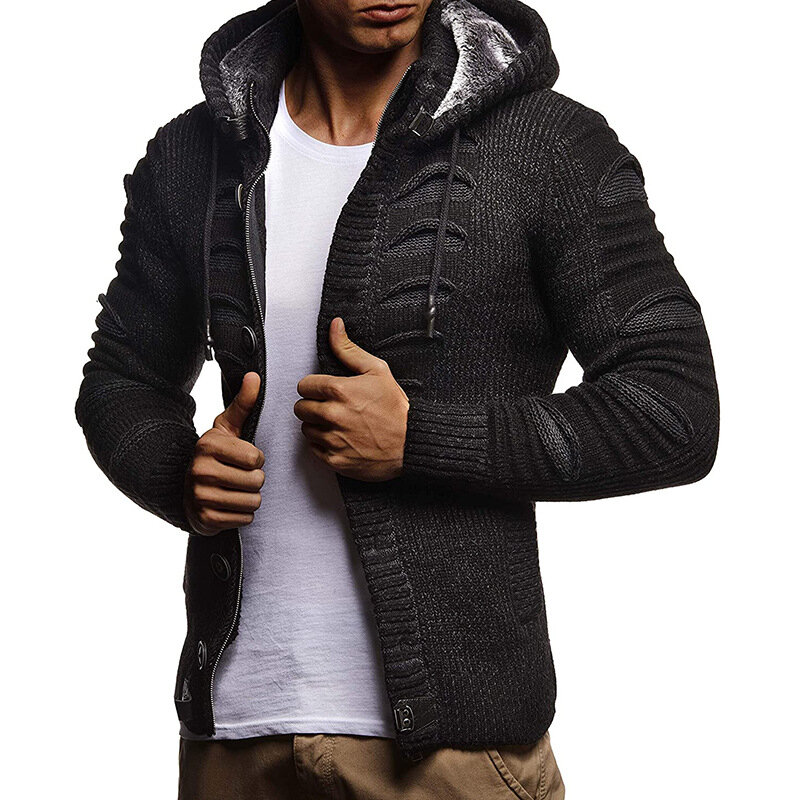 Cárdigan Vintage informal para hombre, suéter de gran tamaño, de un solo pecho, Color sólido, tejido con capucha, moda de invierno