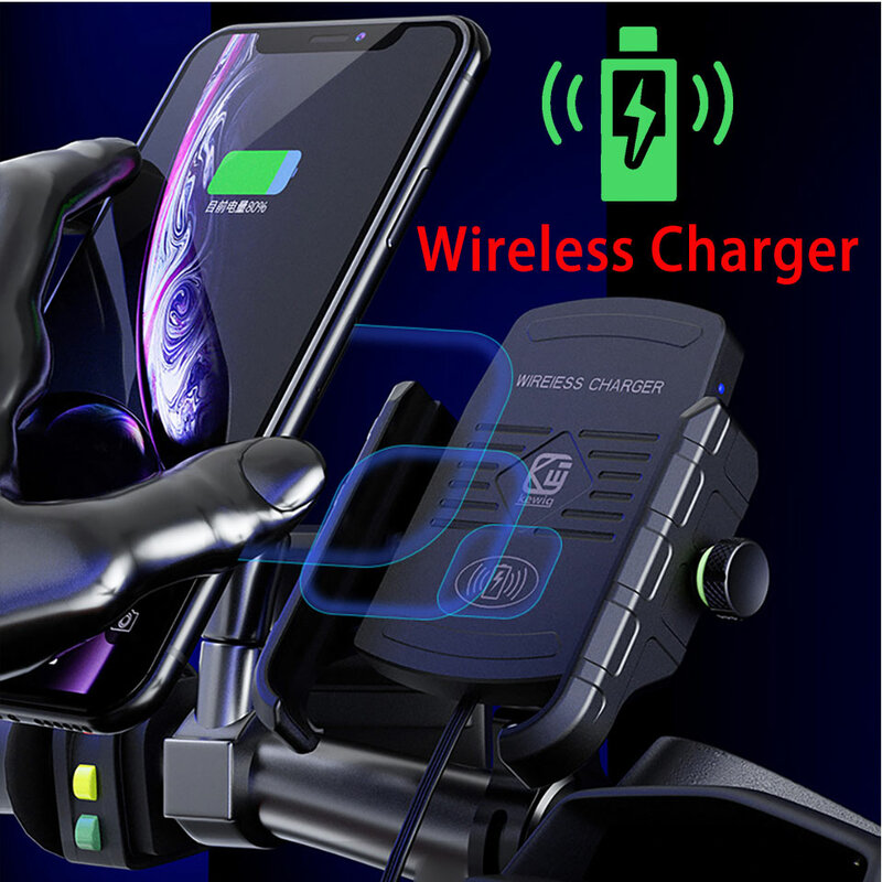 Motorcycle Cell Phone Holder Bike Bicycle Case Mobile Stand Support Handlebar Cellphone Wireless QC3.0 Fast Charging Mount