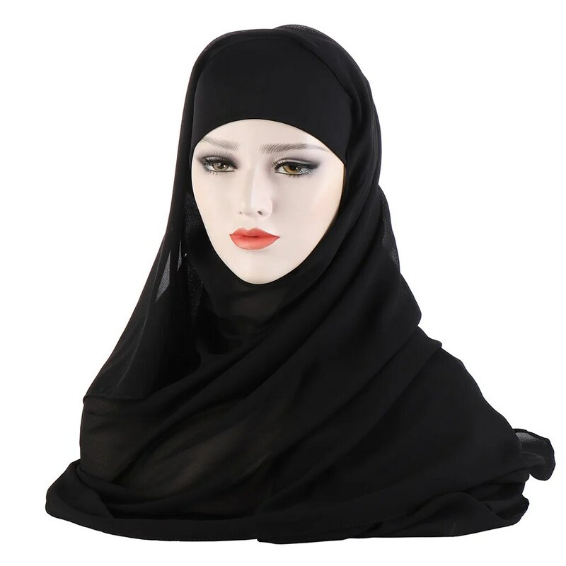 Cor lisa chiffon hijab cachecol com bandagem não-deslizamento muçulmanos mulheres respirável islam longo hijabs bandana moda turbante headwrap