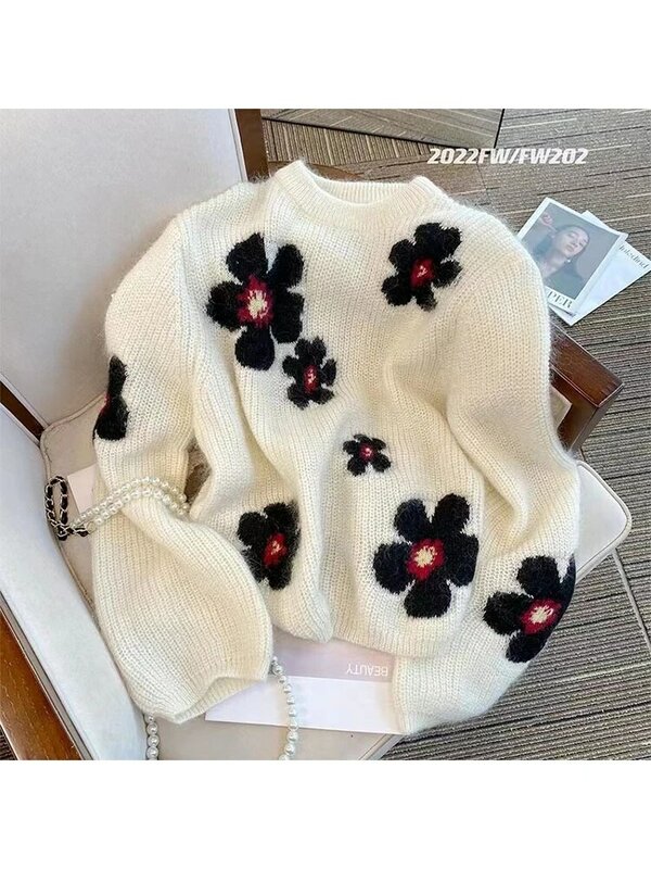 Sweter Pullover Rajutan Warna Kontras Lengan Panjang Longgar Baju Rajut Cetak Floral Vintage Crew-Neck Wanita Musim Gugur Musim Dingin