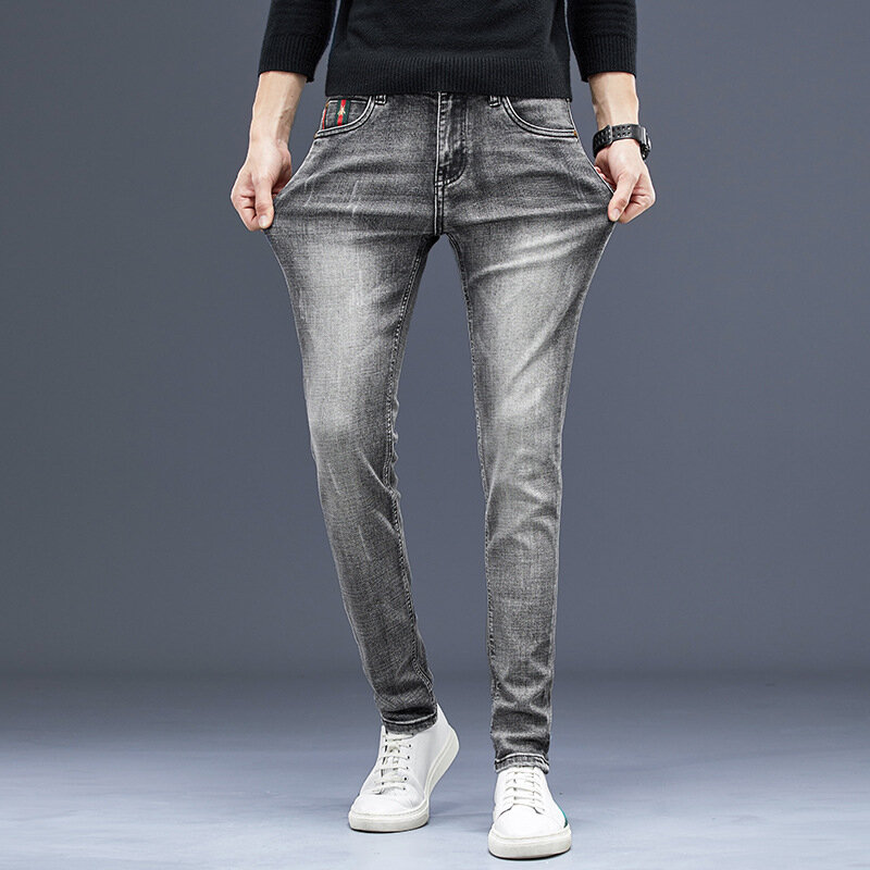 2022 весенние модные повседневные тонкие брендовые джинсы мужские хлопковые узкие Стрейчевые брюки ретро дымчато-серые мужские джинсы