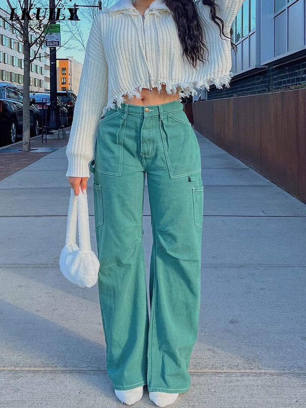 Casual calças de brim feminino y2k streetwear bolso em linha reta calças 2022 baggy moda famale roupas cintura baixa estética sólida