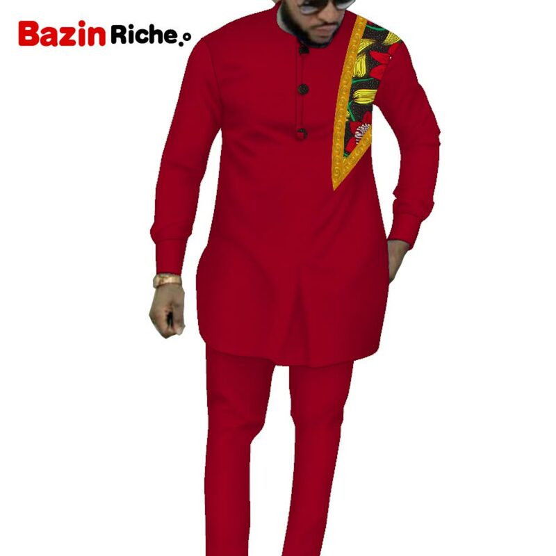 Setelan Baju Pria Afrika Celana Top Pria Dashiki Setelan Pakaian 2 Potong Kemeja Riche dengan Celana Panjang Wy1317