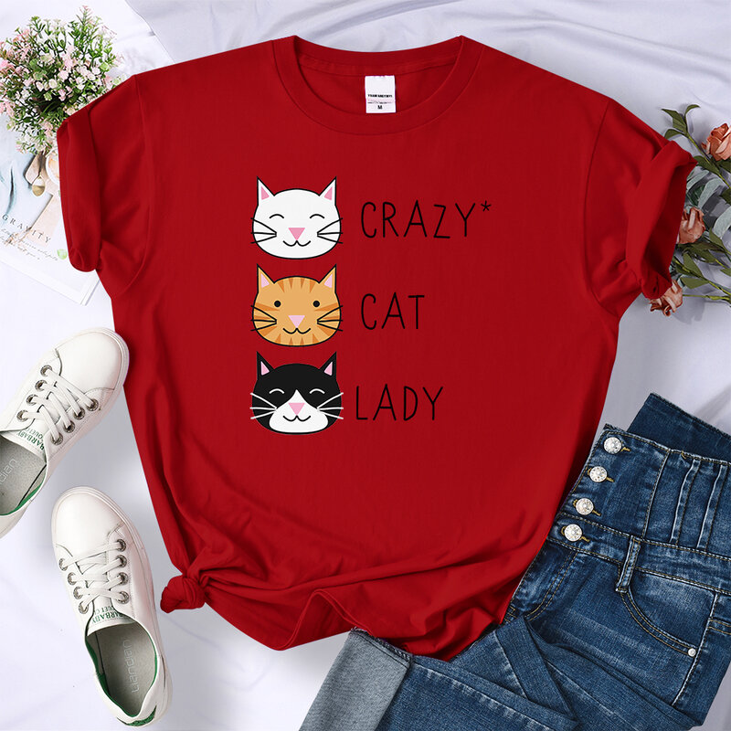 Crazy Cat Lady-Camiseta de Hip Hop para mujer, ropa de moda para mujer, Top nuevo, Camiseta de cuello redondo para mujer, Camiseta holgada informal