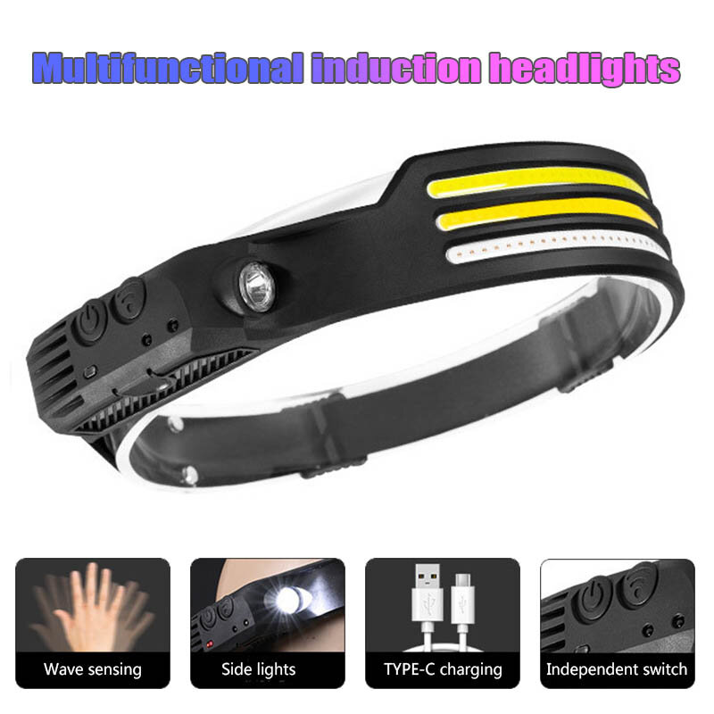 COB&Xpe LED Induction Headlamp Camping Search Light USB Rechargeable Headlight Led Head Torch Work Light with Built-in Battery