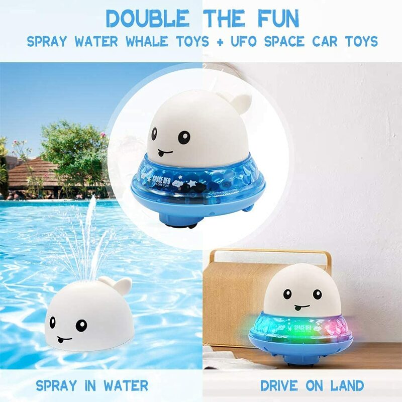 Giocattolo da bagno per bambini giocattolo automatico per vasca da bagno con balena d'acqua Spray 2 in 1 Space UFO Car Electric Whale Bath Ball con Light Up Music