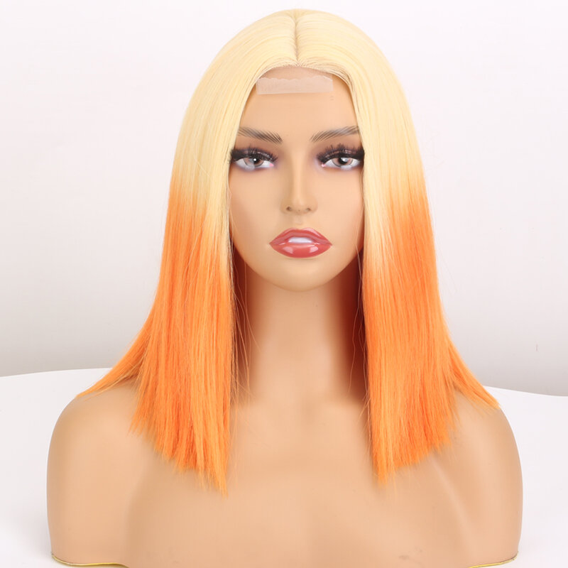 Peruka z krótkim bobem 14 cali peruki syntetyczne dla kobiet środkowa część proste naturalne włosy Cosplay Ombre czarne blond różowe czerwone peruki kobieta