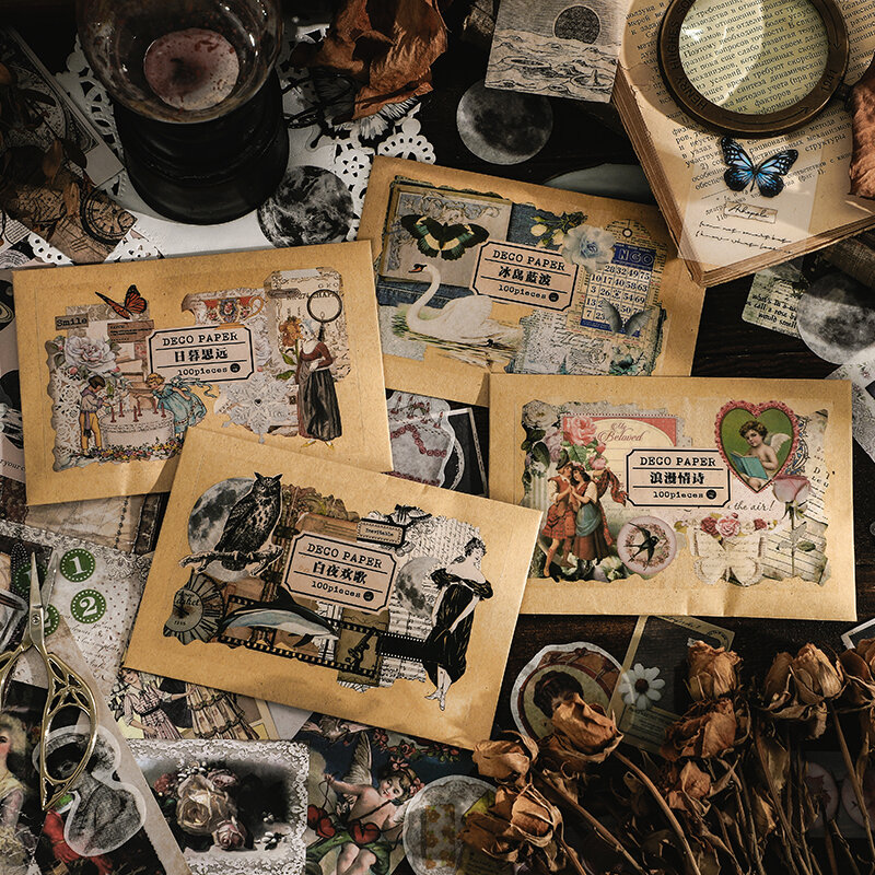 100 pçs arte do vintage fazer velho amarelando scrapbook adesivos de jornal lixo etiquetas diário papelaria álbum revista decoração feliz mão