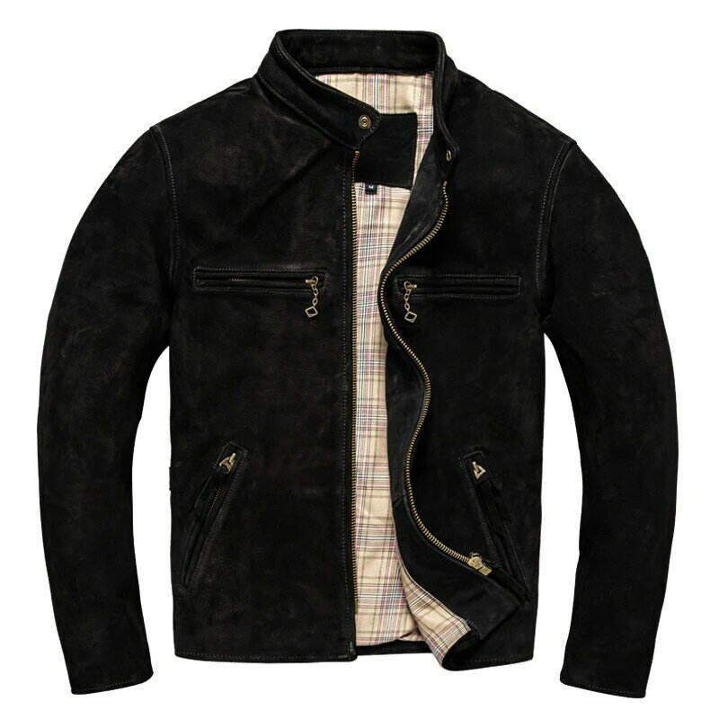 New Arrival Black Suede Genuine Leather Jacket Vintage Cow Skin Slim Leather Jacket For Men