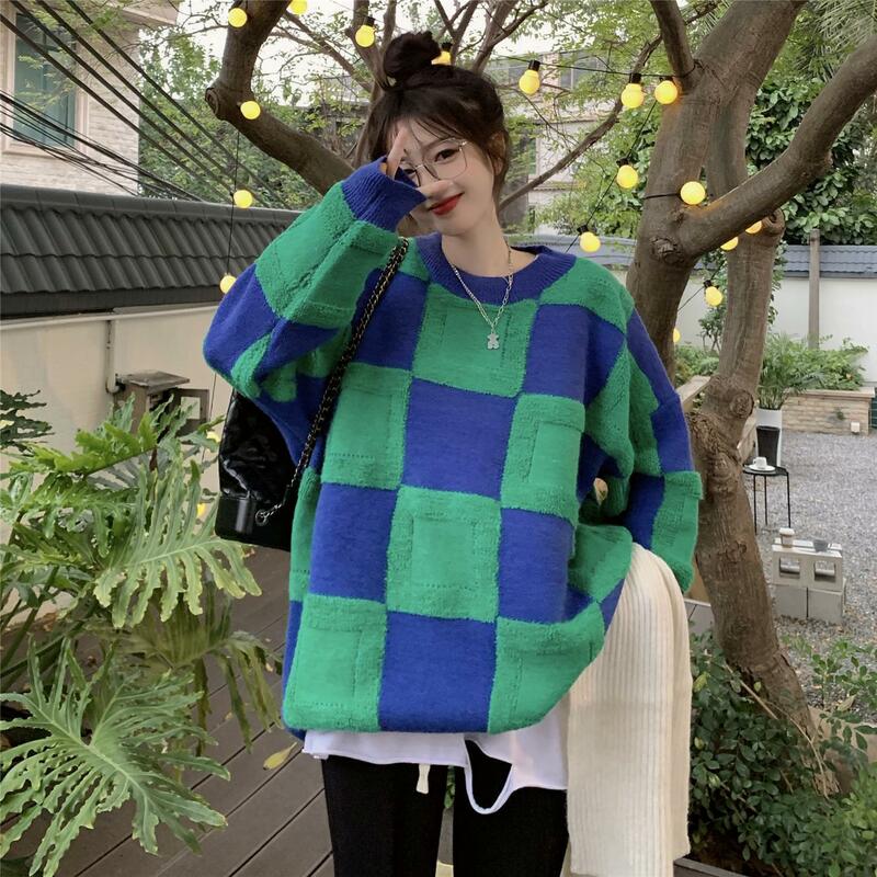 Chess plaid sweater in winter 2022 new stitching blue-green women thickened long sleeved warm knit top for women