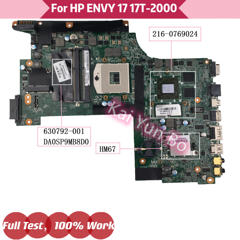 Placa base para portátil HP ENVY17 17T-2000 17-2000, 630792-001, 630792-501, DA0SP9MB8D0, HM67, DDR3, 216-0769024, GPU 100%, totalmente probada