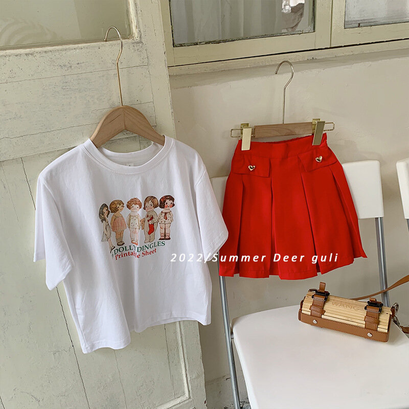 Kids Sets 2022 T-shirts Skirts A-line Above Knee Length Elastic Waist O-neck Collar Short Sleeve Summer Children Girls