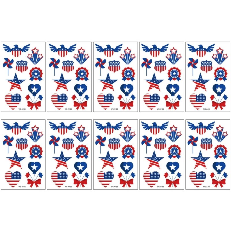 10 Vellen Tatoeages Stickers Amerika, Vierde Van July Feestartikelen 4e Van July
