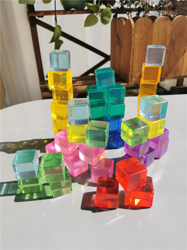 Jouets Montessori pour enfants, Cubes de Lucite, blocs empilables en cristal acrylique, arc-en-ciel, pierres précieuses carrées transparentes, 2.5cm