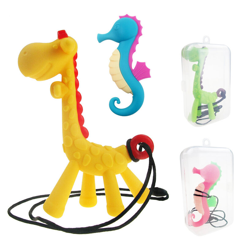 Collar Mordedor de dibujos animados de jirafa de hipocampo para niños, Mordedor de silicona, juguetes de dentición, Boilable, accesorios de regalo