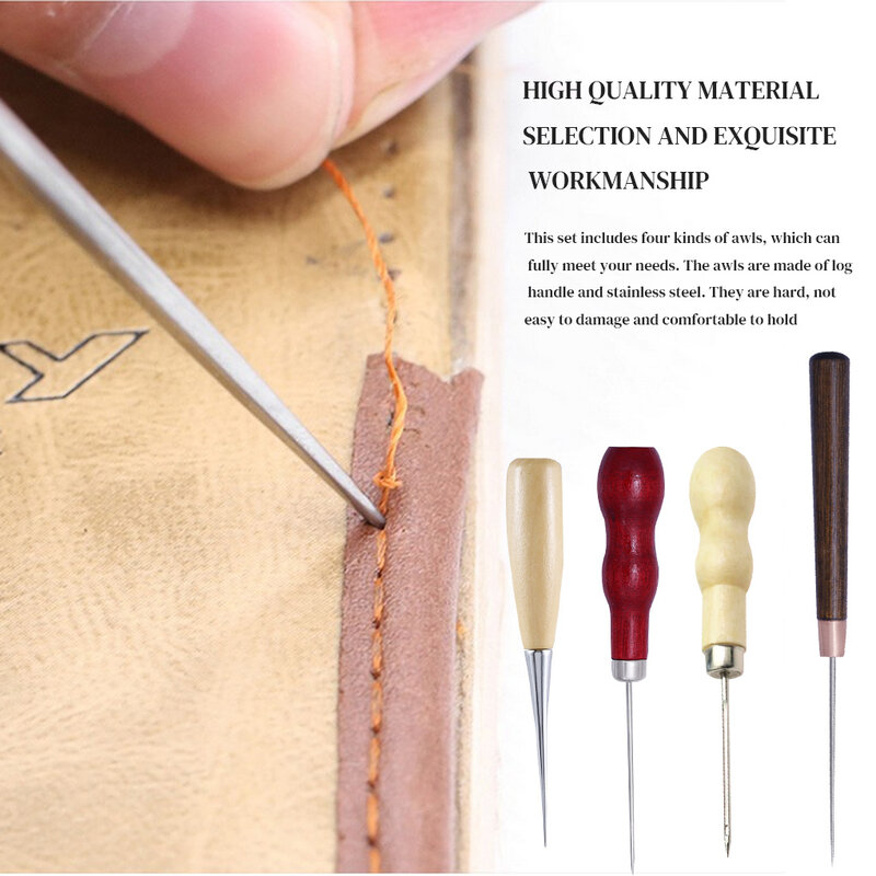 4pcs Wood Handle Awl Tools Durable Punching Awls with Handle DIY Leather Sewing Tools for Dressmaker Sewing Stitching Awl