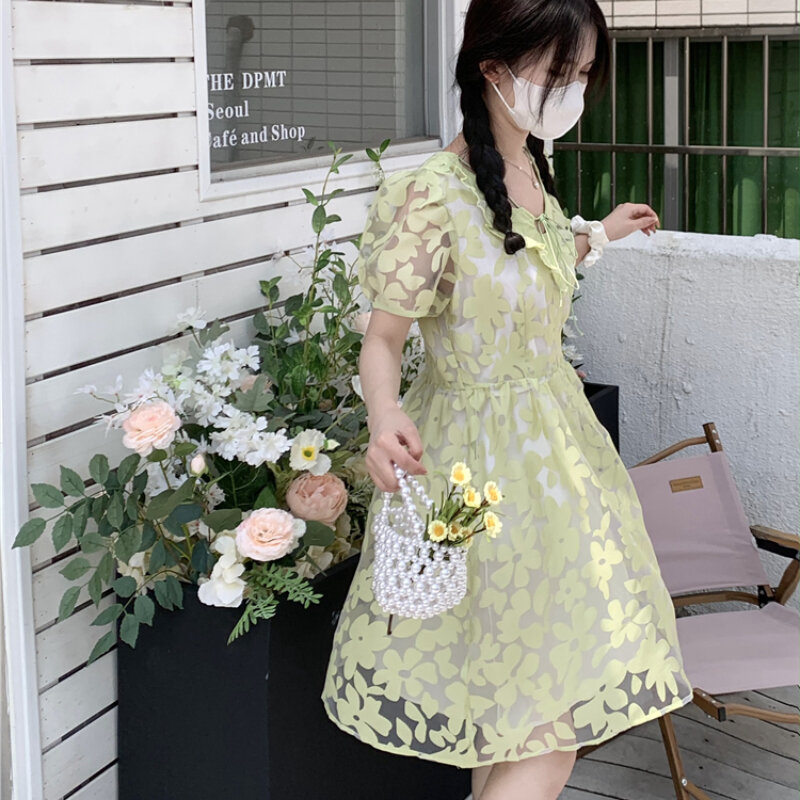 Robe en maille à lacets, col en v, manches à bulles, motif floral, petite jupe de poupée rajeunissante, version coréenne, 826a,519 – 7, prix réel