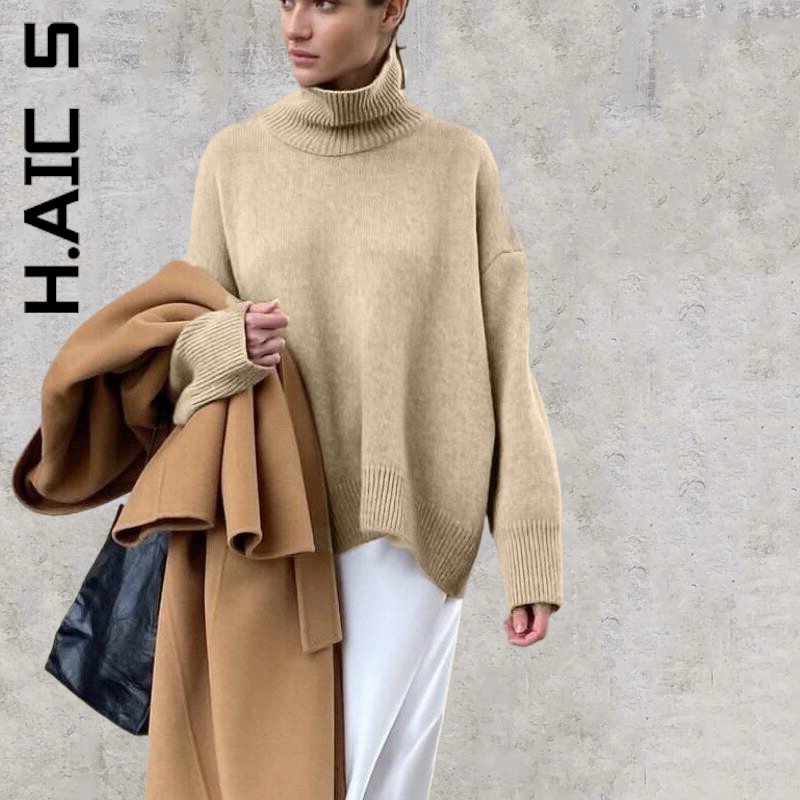 H.Aic-suéter de punto con cuello alto para mujer, suéter Harajuku coreano, suéter de punto barato, Vintage, novedad