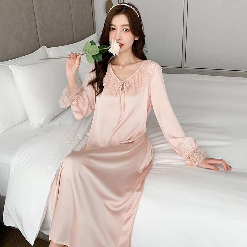 Princess Style Nightdress Women 2022 Spring New French Lace Long Sleeved Nightgown Home Dress Long Skirt Home Wear Sleepwear