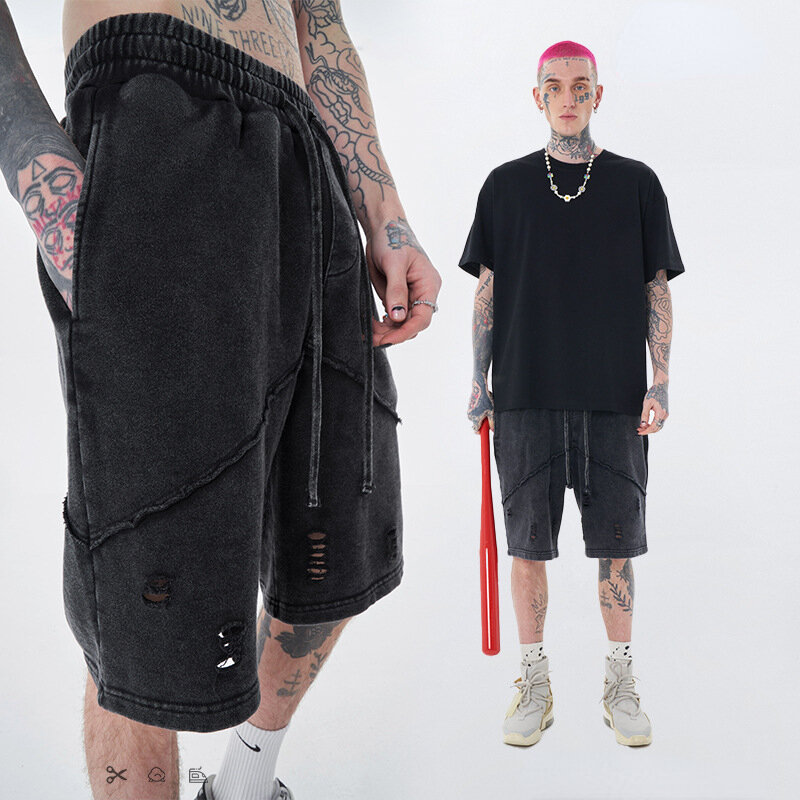 Pantalones cortos rasgados para hombre, ropa de calle informal, Hip-hop, Retro, combina con todo, pantalones de pierna ancha de cinco puntos, moda de verano, 2022