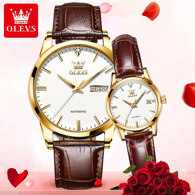 OLEVS Automatic Mechanical Corium Strap Couple  Wristwatch Full-automatic Luxury Fashion Waterproof Watches for Couple Luminous