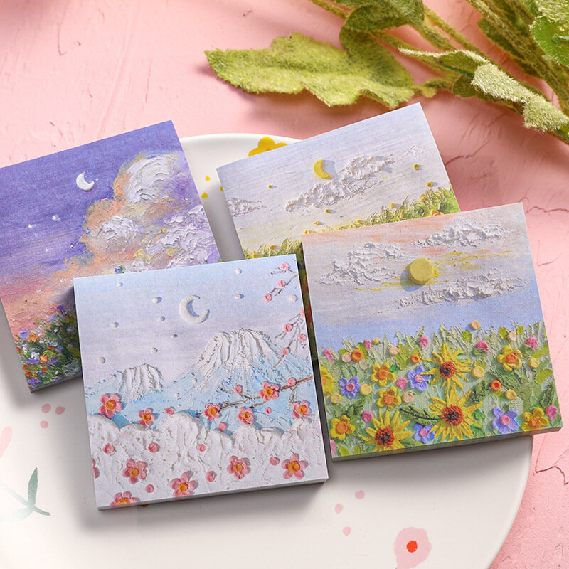 Korean Sticky Notes Oil Painting Color N Times Stickers Ins Beautiful Scenery Student Account Decoration Message Paper Memo Pads