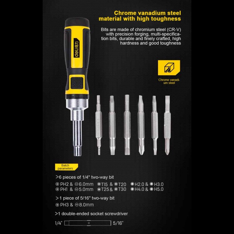 Deli two-way ratchet screwdriver set 16 in one maintenance and disassembly set household magnetic belt