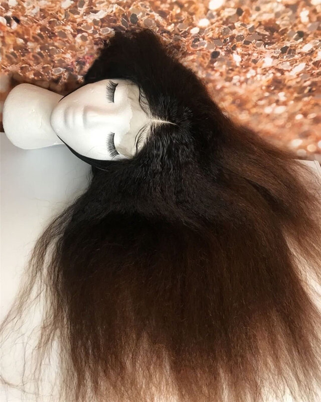 Yaki ombre loira 26 Polegada longo 180% densidade kinky reta perucas sintéticas da parte dianteira do laço para preto mulher preplucked com babyhair
