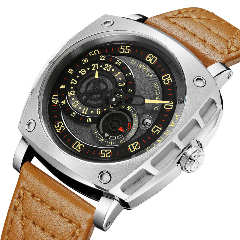 แฟชั่น Parnis 47.5Mm Silver Case ผู้ชายอัตโนมัตินาฬิกาปฏิทินการเคลื่อนไหว Miyota สายหนังสีน้ำตาลนาฬิกาผู้ชายน...