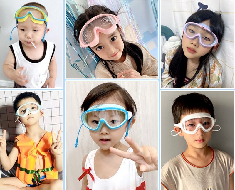 Gafas de natación coloridas para niños, gafas de natación antivaho, Anti-UV, de visión amplia, con tapones para los oídos
