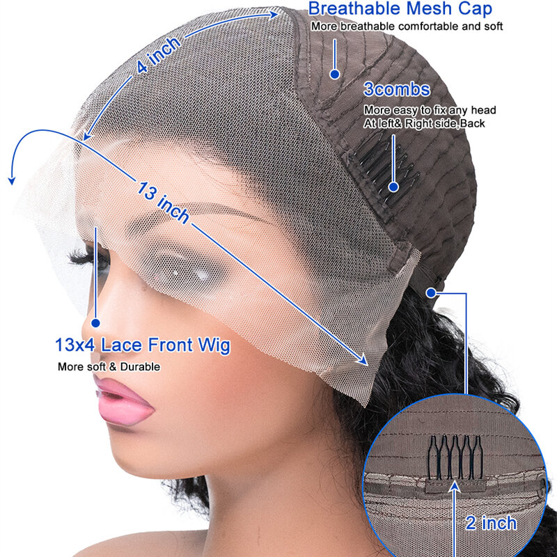 Perruque Lace Front Wig Body Wave brésilienne naturelle, cheveux humains, Transparent, humide et ondulé, 13x4 Hd, 30 40 pouces