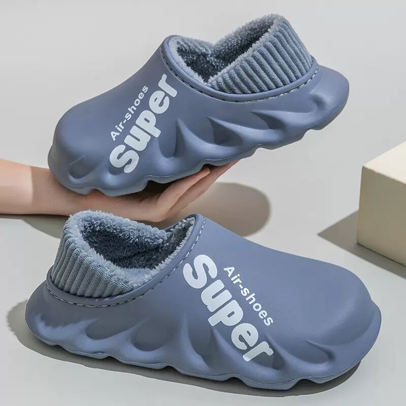 Sandal Katun Wanita Pria Luar Ruangan Musim Dingin Antiair Hangat Antiselip Sol Datar Tebal Rumah Alfabet Sepatu Wanita