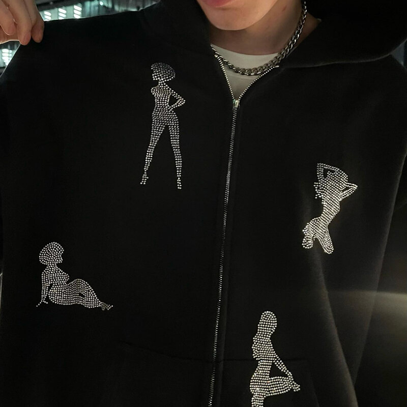 Gótico y2k strass padrão oversize zip casal hoodie coreano streetwear grunge jumper hip hop masculino jogging moletom