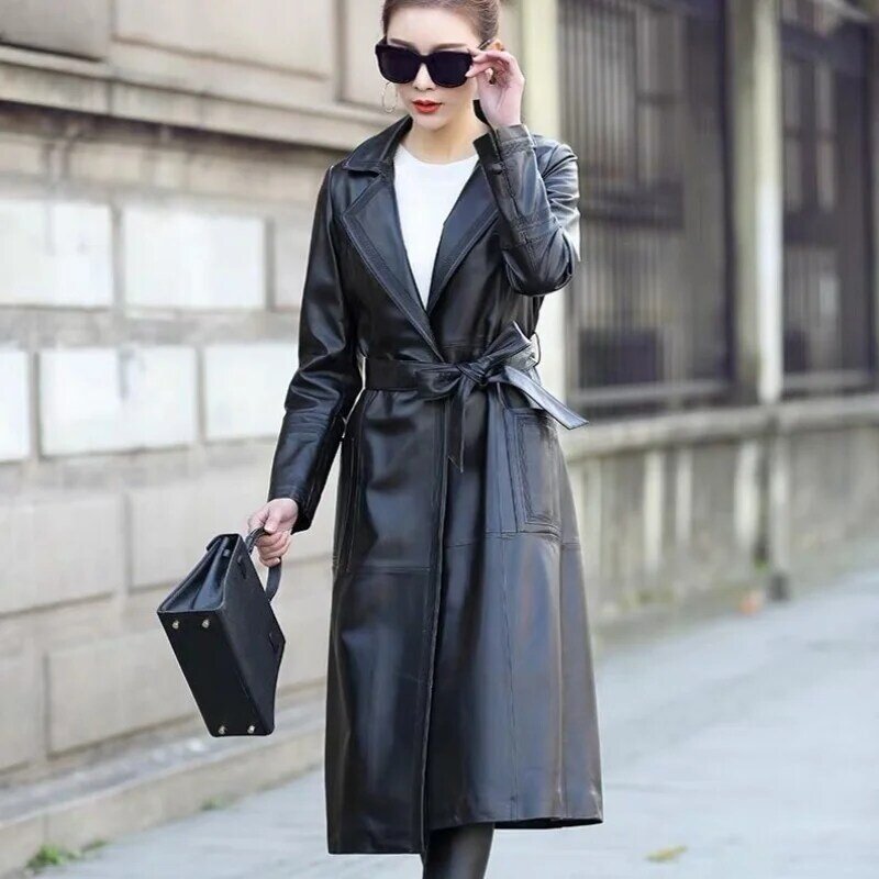 Women's legitimate leather jacket, long coat with office belts, windowpans and slim