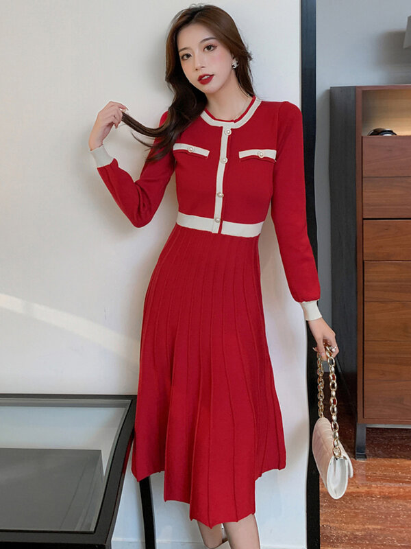 Yujie-가벼운 주름 허리 슬림 롱 스커트 드레스, 친숙한 니트 컬러 매칭 대형 스윙 드레스, 2022 가을 겨울 신상품
