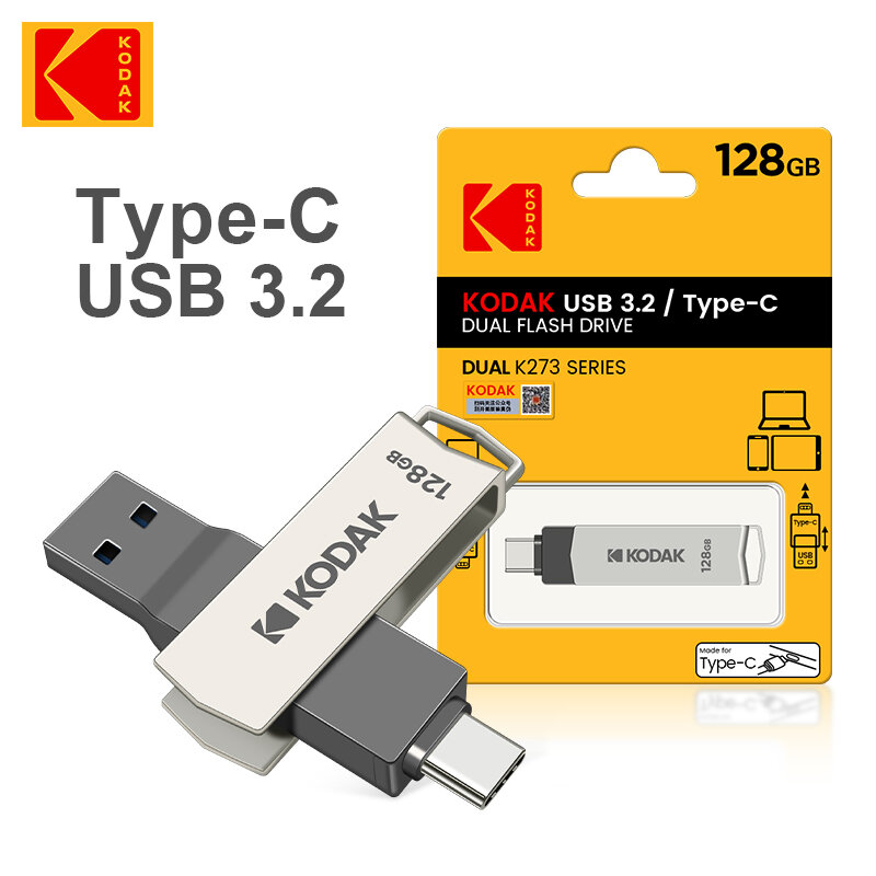 100% Original KODAK OTG ประเภท C K273 USB 3.2 USB แฟลชไดร์ฟ Pendrive 128GB 64GB ปากกาไดรฟ์สำหรับโน๊ตบุ๊ก PC กล่องสมาร์ททีวีโทรศัพท์...