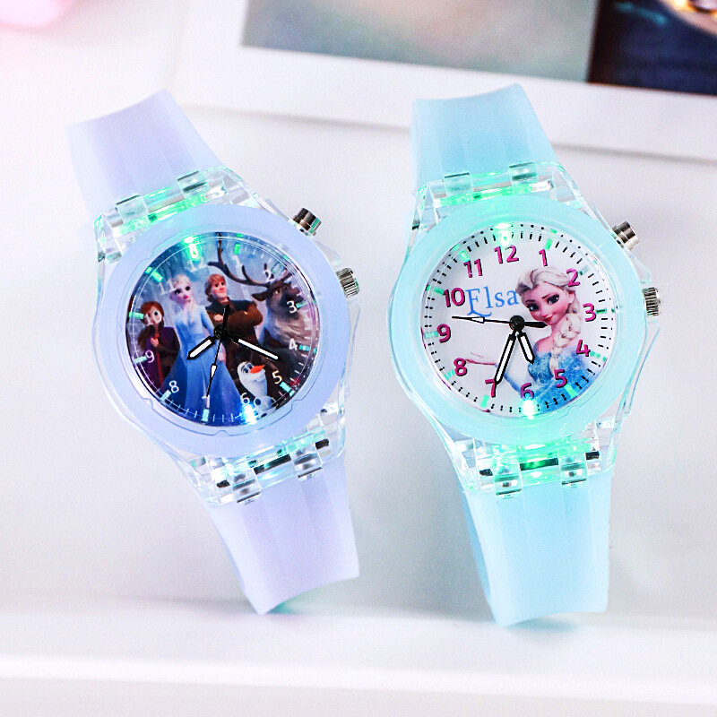 Часы Детские диснеевские с силиконовым светильник мешком, цветные наручные часы принцессы Эльзы, для девочек, подарок для мальчиков
