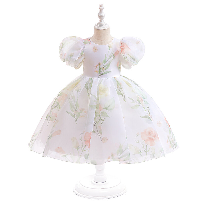 Princess Lantern Sleeves Dresses Elegant Print Organza Ball Gown Children Party Clothing Toddler Girl Tulle Tutu Vestidos