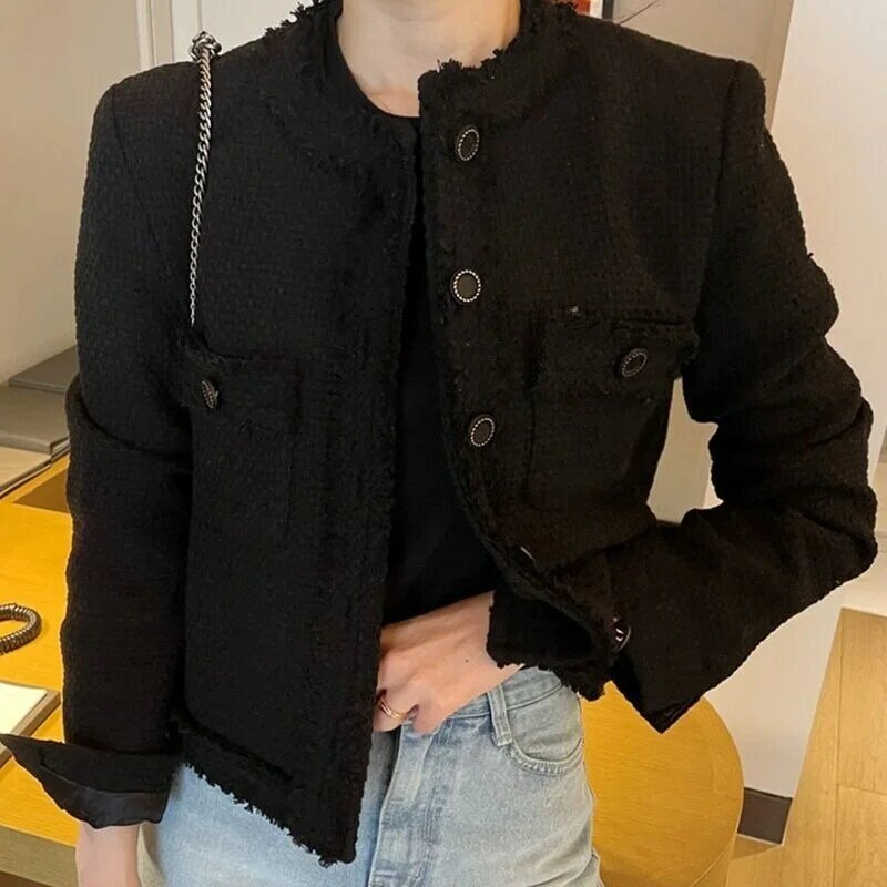 Coreano chique estilo francês elegante em torno do pescoço chique single-breasted duplo bolso solto all-match manga longa tweed casaco curto