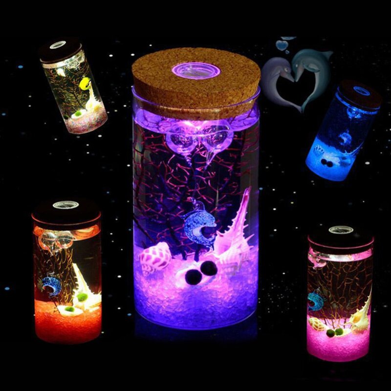 11/12cm Round Glass Jar Globe Terrarium Glass Jar with Colorful LED Light Cork Micro Landscape Ecological Bottle Night Lights