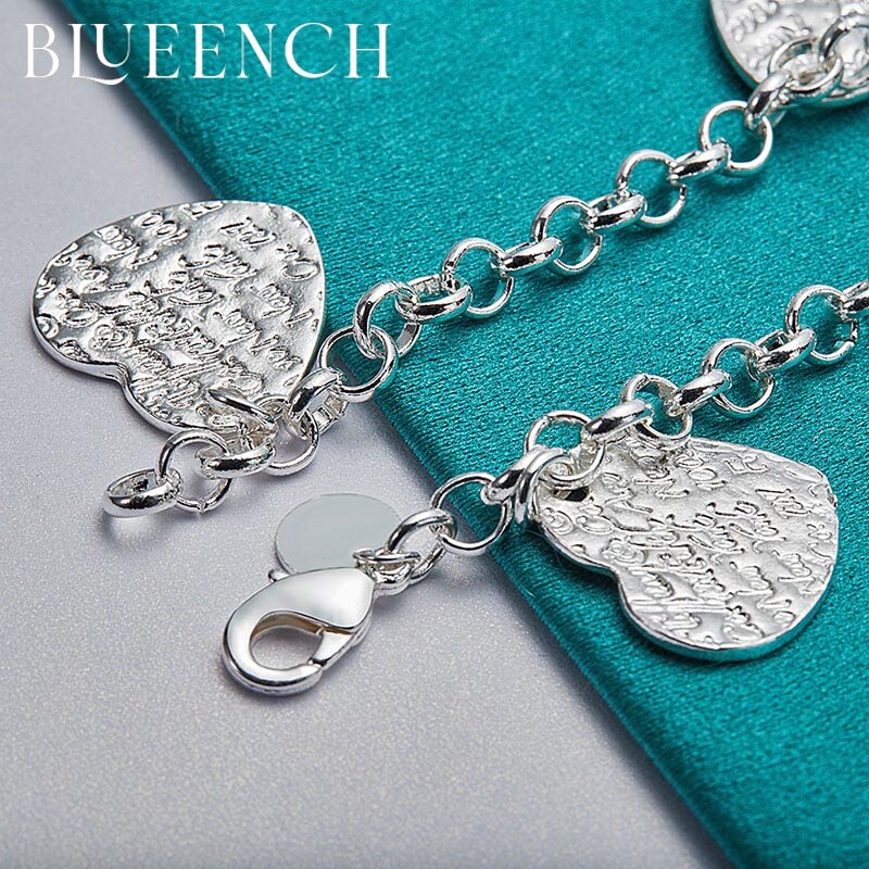 Blueench 925 srebro rzeźbione serce bransoletka z wisiorkiem spersonalizowane słodkie dla kobiet wesele biżuteria ślubna