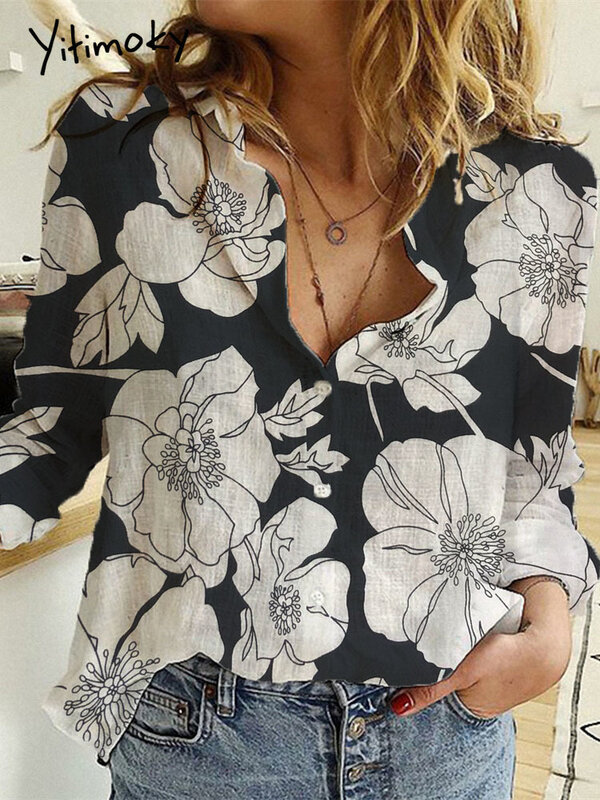 Botão para cima camisa feminina de linho de algodão vintage flor impressão lapela manga longa blusa topos casual branco oversized superior blusas de mujer