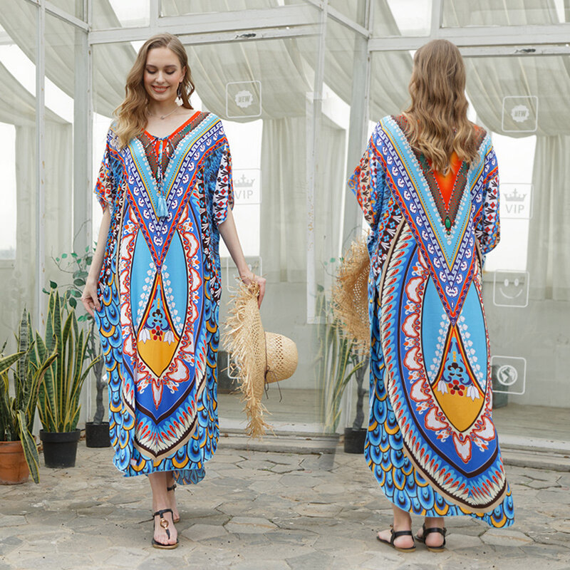 2022 marroquino kaftan boêmio impresso vestido de verão longo túnica mulher plus size beach wear nadar terno cobrir robe de plage
